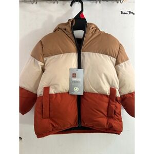 Swiss Tech Puffer Jacket 2T Brown Multi Colorblock Hooded Kids Outerwear